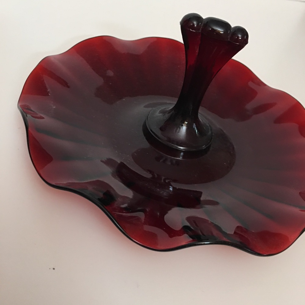 Vintage art Deco Cranberry Glass Candy Dish Wavy Edging with Handle Trinket Tray - Picture 1 of 11